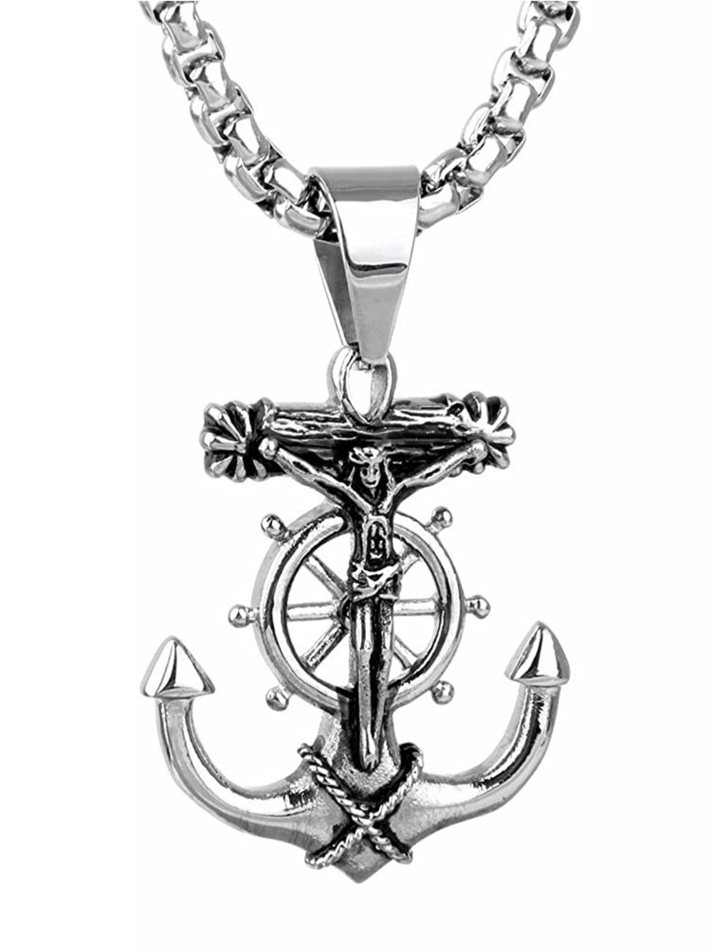 Silver Anchor & Wheel Pendant Necklace - Men's Stainless Steel